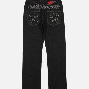 Concert Outfit Dark Gothic Embroidered Star Straight Jeans