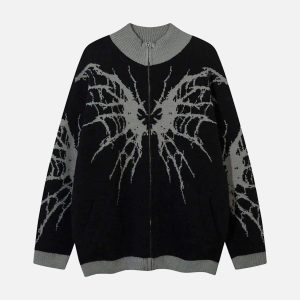 Concert Outfit Dark Spider Web Zipper Stand Collar Cardigan