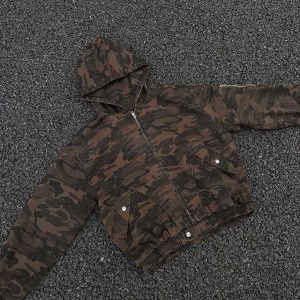 Concert Outfit Deconstructed Camouflage Workwear Cardigan Hooded Jacket