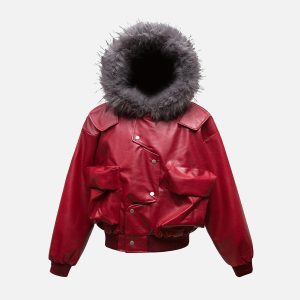 Concert Outfit Deconstructed Multi Pocket Fur Hooded PU Leather Jacket