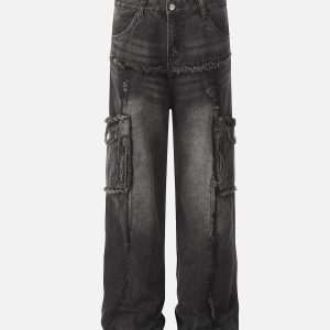 Concert Outfit Detressed Raw Edge Multi-Pocket Cargo Jeans