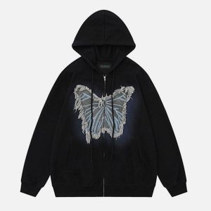 Concert Outfit Distressed Butterfly Patch Cardigan Hoodie