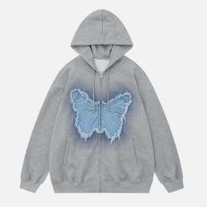 Concert Outfit Distressed Butterfly Patch Cardigan Hoodie