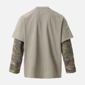 Concert Outfit Distressed Camouflage Faux Two-Piece Graphic T-Shirt