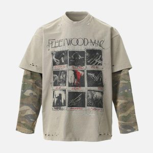 Concert Outfit Distressed Camouflage Faux Two-Piece Graphic T-Shirt