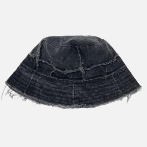 Concert Outfit Distressed Denim Raw Edge Destroyed Bucket Hat