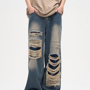 Concert Outfit Distressed Design Loose Jeans