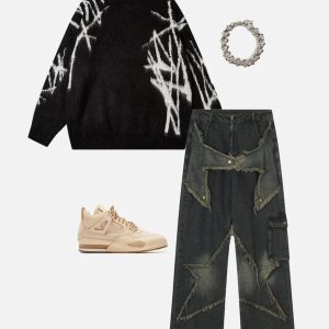 Concert Outfit Distressed Effect Patchwork Star Denim Jeans