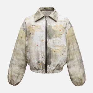Concert Outfit Distressed Graffiti Gradient Quilted Bomber Jacket