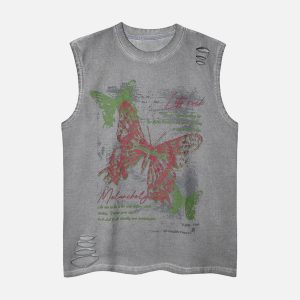 Concert Outfit Distressed Graphic Butterfly Print Vest