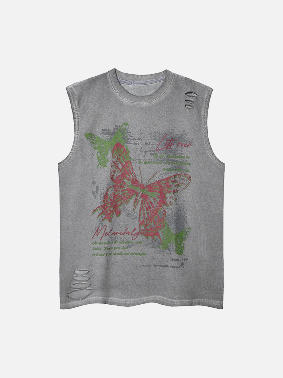 Concert Outfit Distressed Graphic Butterfly Print Vest Concert Outfit Distressed Graphic Butterfly Print Vest