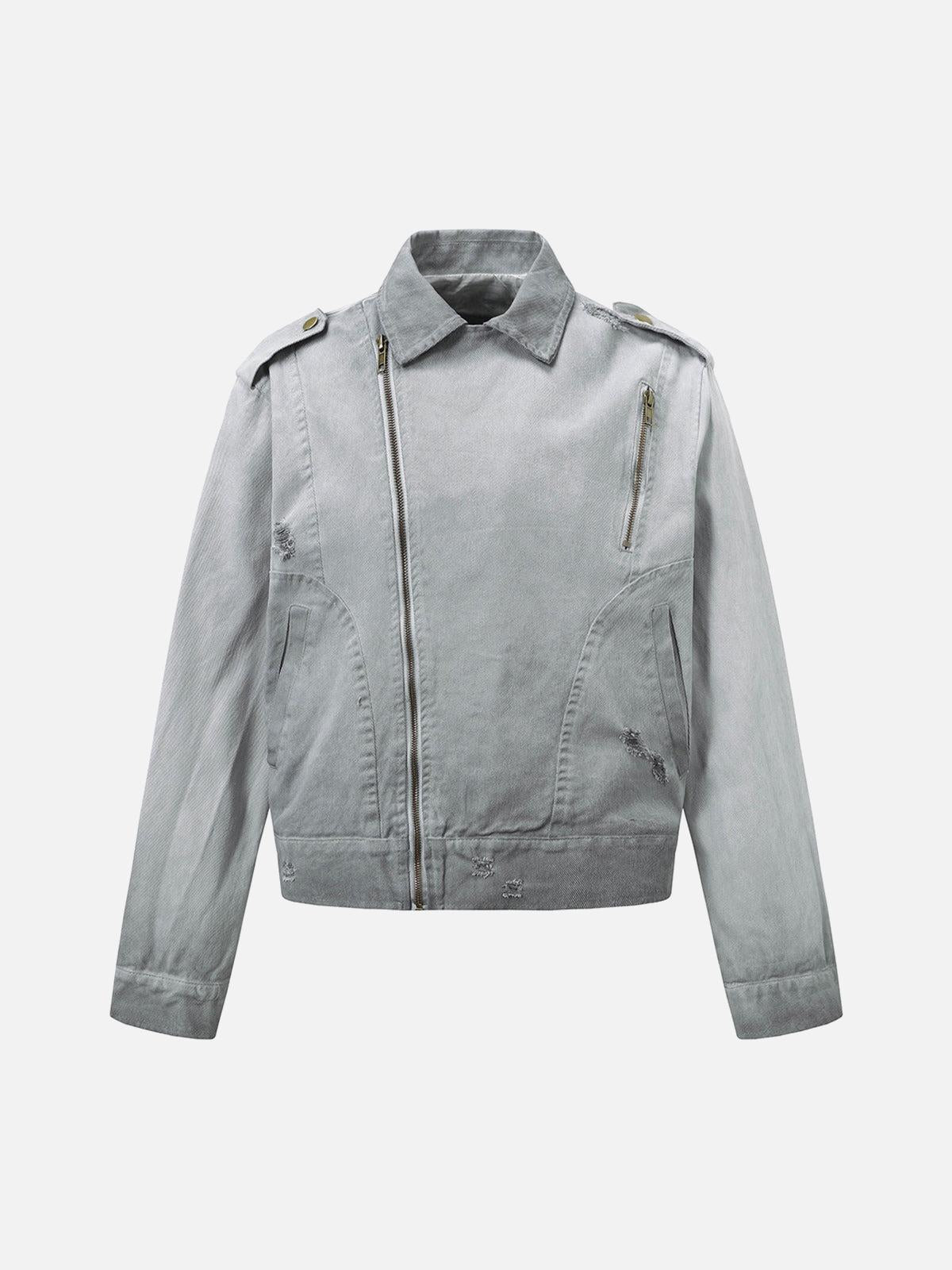 Concert Outfit Distressed Irregular Zip Up Denim Jacket Concert Outfit Distressed Irregular Zip Up Denim Jacket