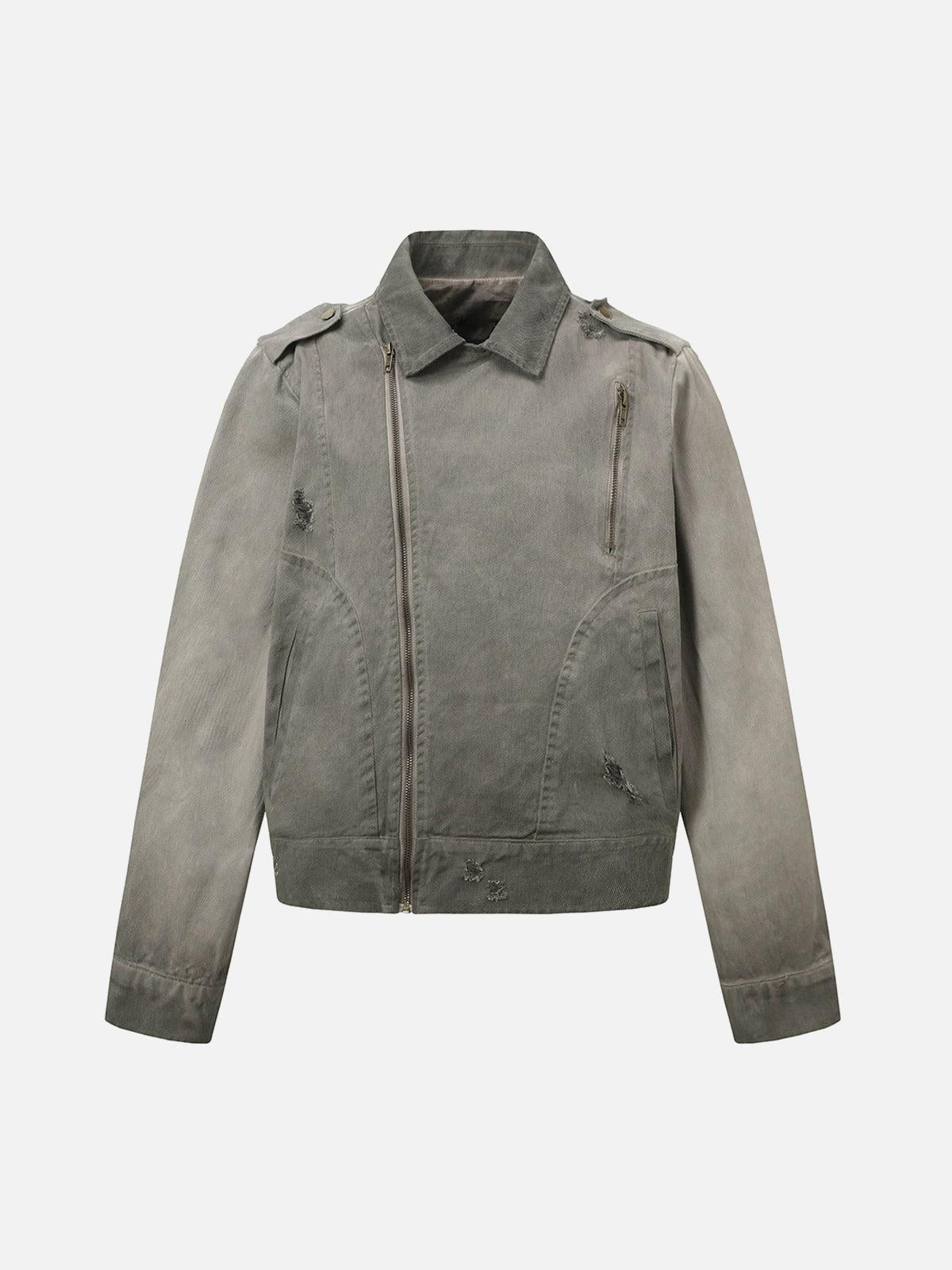 Concert Outfit Distressed Irregular Zip Up Denim Jacket Concert Outfit Distressed Irregular Zip Up Denim Jacket