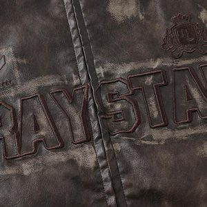 Concert Outfit Distressed Letter Embroidery Motorcycle PU Leather Jacket