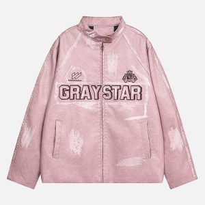 Concert Outfit Distressed Letter Embroidery Motorcycle PU Leather Jacket