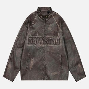 Concert Outfit Distressed Letter Embroidery Motorcycle PU Leather Jacket