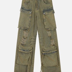 Concert Outfit Distressed Multi Pocket Loose Jeans