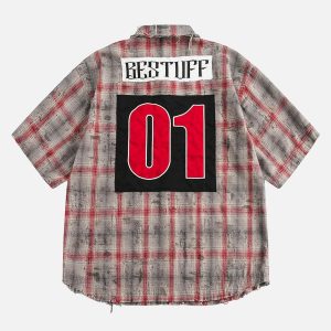 Concert Outfit Distressed Patch Plaid Short-Sleeve Shirt