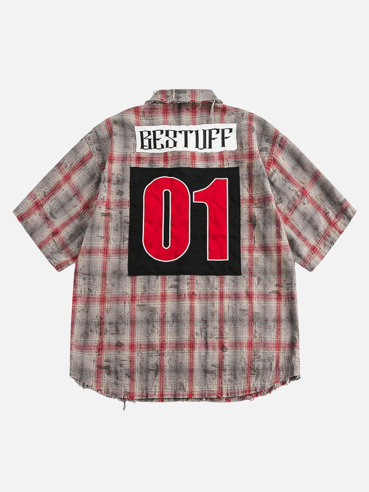 Concert Outfit Distressed Patch Plaid Short-Sleeve Shirt Concert Outfit Distressed Patch Plaid Short-Sleeve Shirt