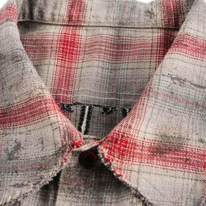 Concert Outfit Distressed Patch Plaid Short-Sleeve Shirt