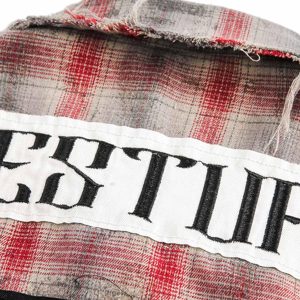 Concert Outfit Distressed Patch Plaid Short-Sleeve Shirt