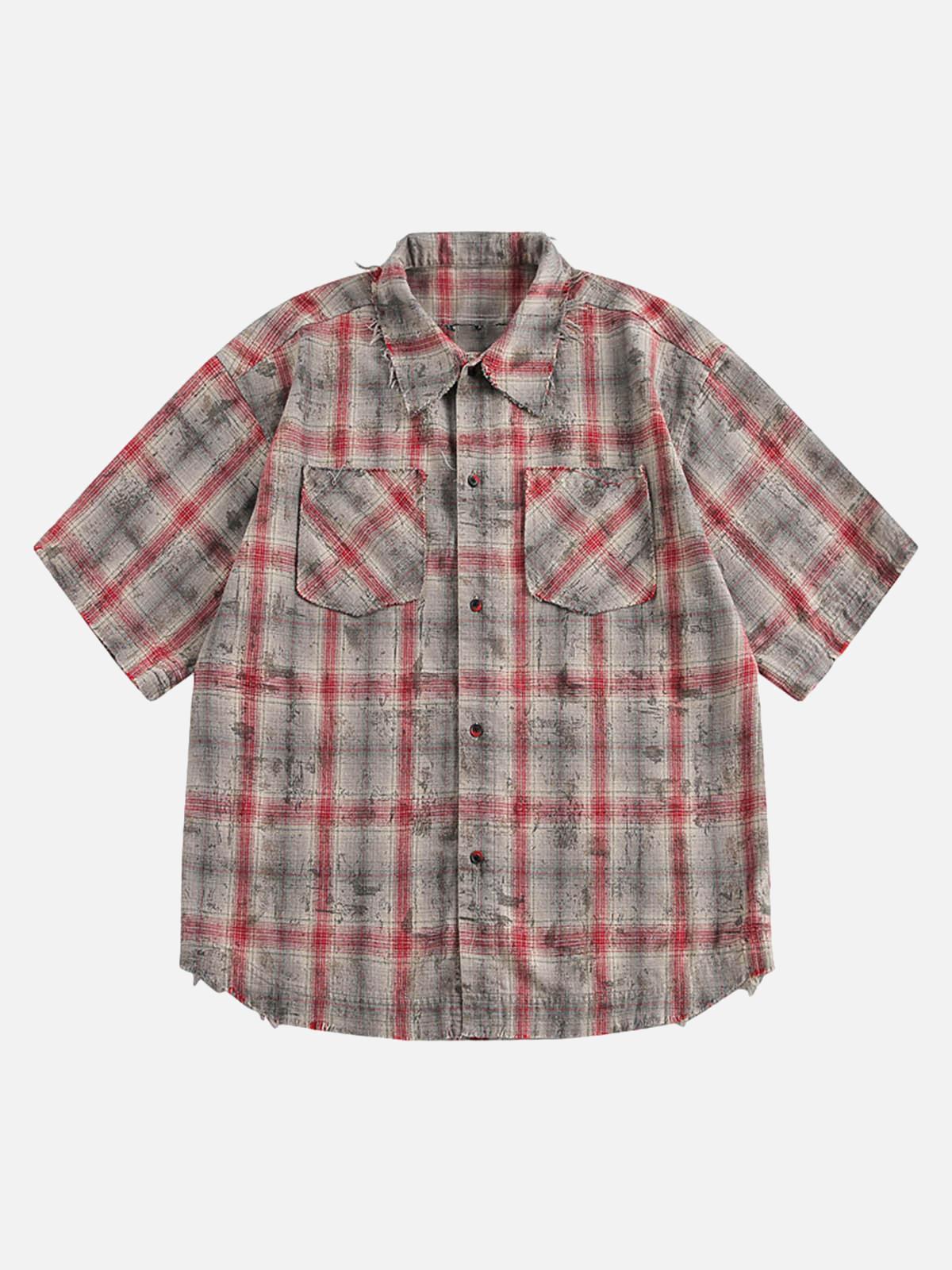 Concert Outfit Distressed Patch Plaid Short-Sleeve Shirt Concert Outfit Distressed Patch Plaid Short-Sleeve Shirt
