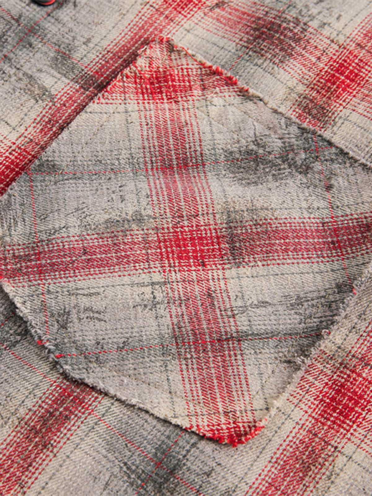 Concert Outfit Distressed Patch Plaid Short-Sleeve Shirt Concert Outfit Distressed Patch Plaid Short-Sleeve Shirt