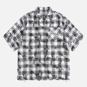 Concert Outfit Distressed Plaid Lace Short-Sleeve Shirt