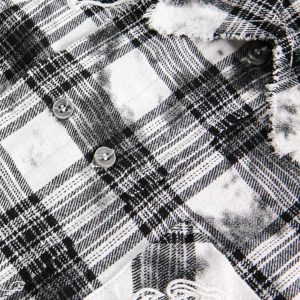 Concert Outfit Distressed Plaid Lace Short-Sleeve Shirt