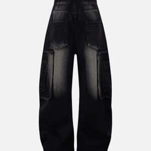 Concert Outfit Distressed Raw Edge Cargo Drawstring Barrel Jeans