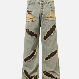 Concert Outfit Distressed Raw Edge Patch Jeans