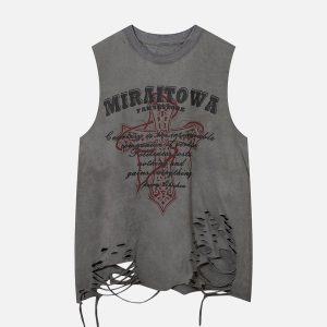 Concert Outfit Distressed Ripped Graphic Cross Print Vest