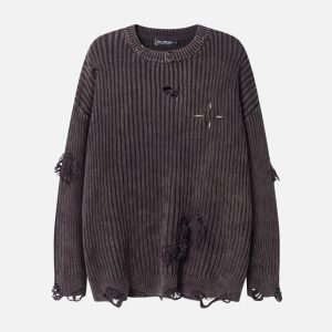 Concert Outfit Distressed Ripped Rivets Sweater