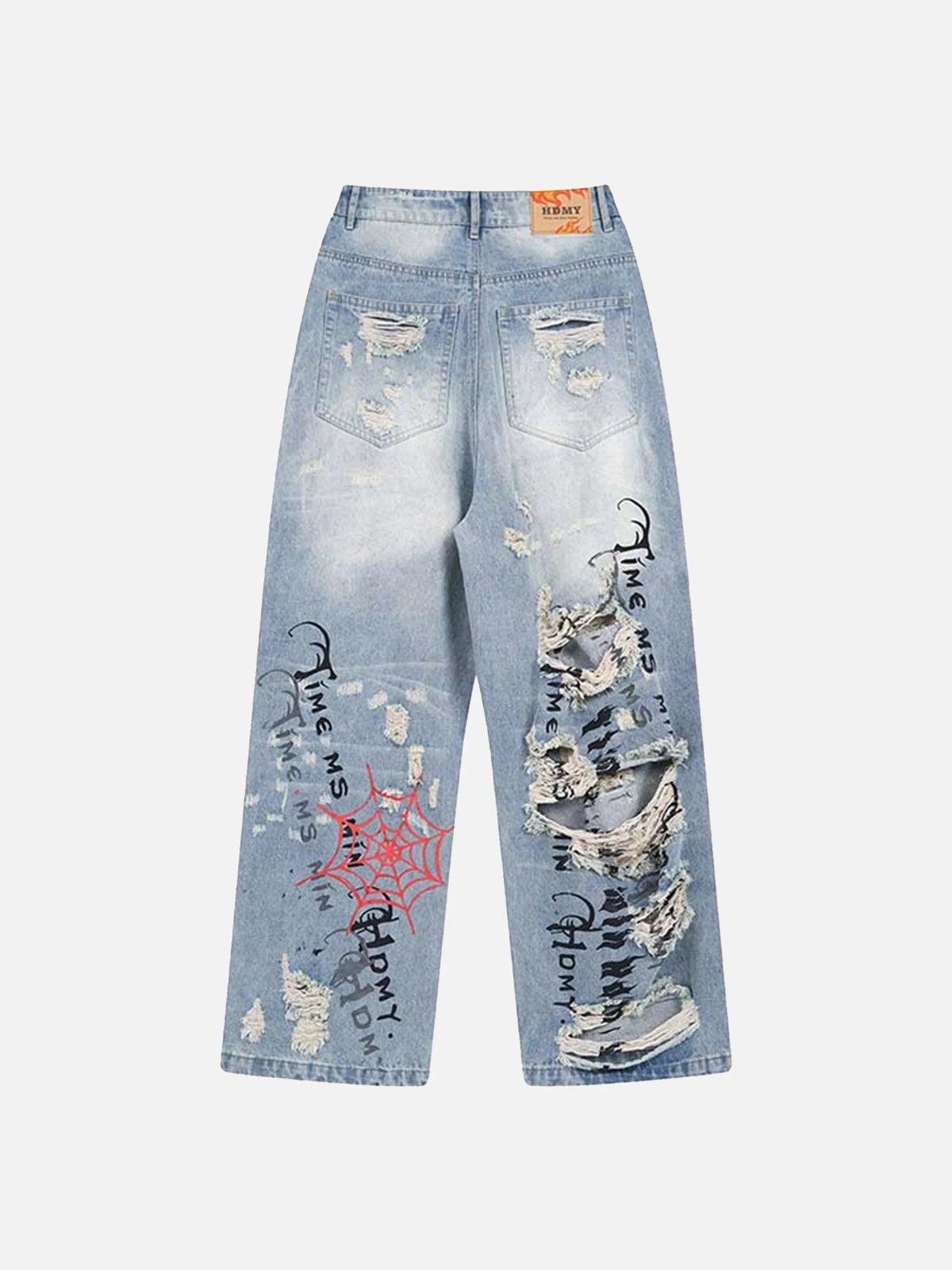 Concert Outfit Distressed Spider Letter Print Jeans Concert Outfit Distressed Spider Letter Print Jeans