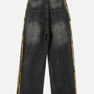 Concert Outfit Distressed Striped Side Chain Patchwork Ripped Straight Jeans