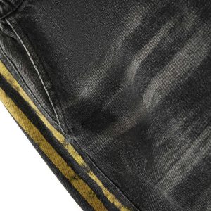 Concert Outfit Distressed Striped Side Chain Patchwork Ripped Straight Jeans