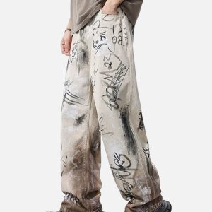 Concert Outfit Distressed Washed Graffiti Baggy Jeans