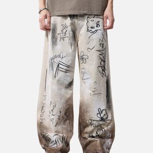 Concert Outfit Distressed Washed Graffiti Baggy Jeans