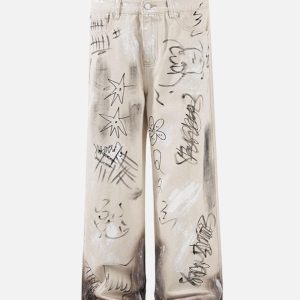 Concert Outfit Distressed Washed Graffiti Baggy Jeans