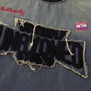 Concert Outfit Distressed Washed Patchwork Gradient Denim T-Shirt