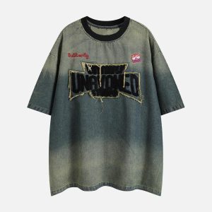 Concert Outfit Distressed Washed Patchwork Gradient Denim T-Shirt