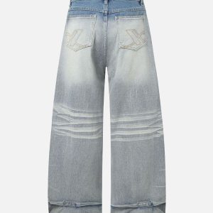 Concert Outfit Distressed Washed Whisker Pleated Barrel Jeans