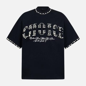 Concert Outfit Elegant Pearl-Embellished Oversized T-Shirt