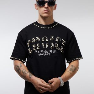 Concert Outfit Elegant Pearl-Embellished Oversized T-Shirt