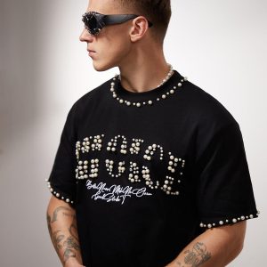 Concert Outfit Elegant Pearl-Embellished Oversized T-Shirt