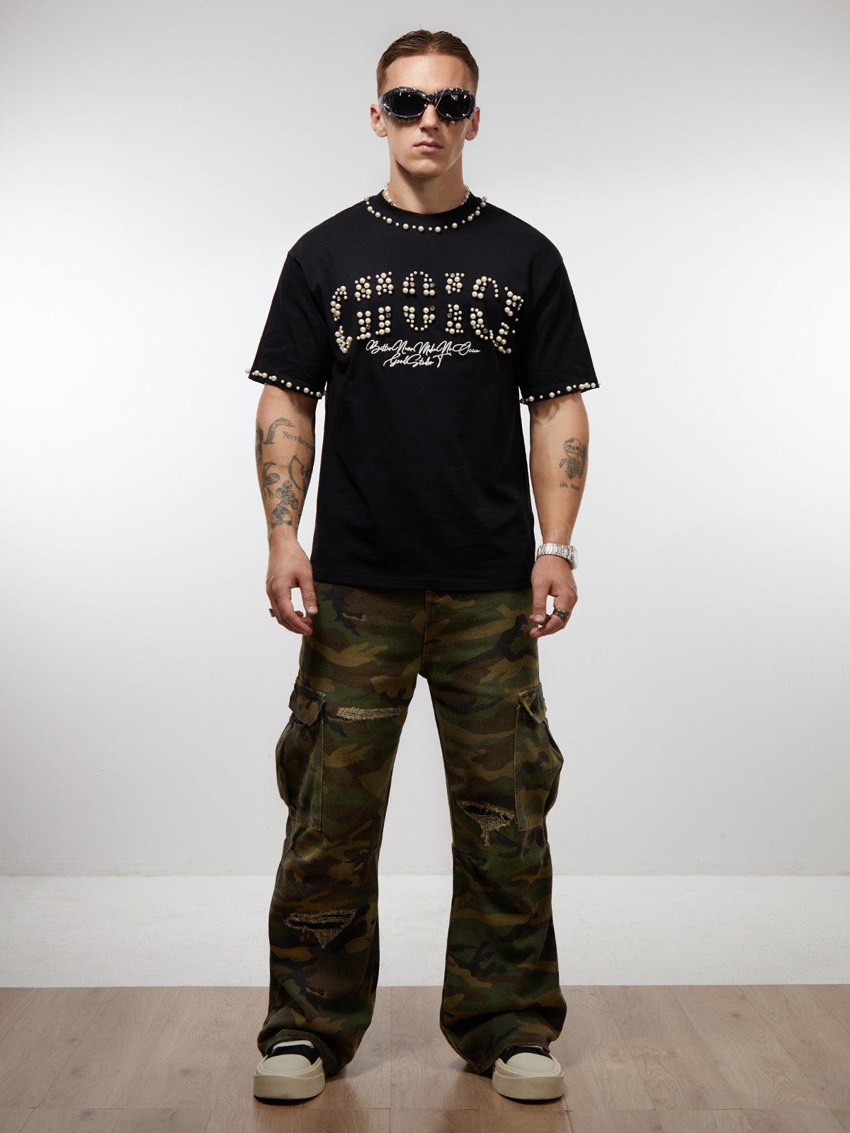 Concert Outfit Elegant Pearl-Embellished Oversized T-Shirt Concert Outfit Elegant Pearl-Embellished Oversized T-Shirt