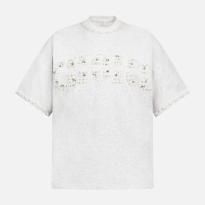 Concert Outfit Elegant Pearl-Embellished Oversized T-Shirt