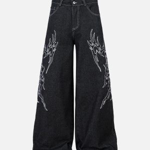 Concert Outfit Embroidered Flame Baggy Jeans