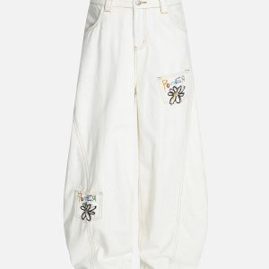 Concert Outfit Embroidered Floral Patches Barrel Jeans