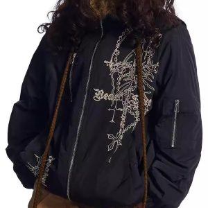 Concert Outfit Embroidered Fur Hooded Quilted Jacket